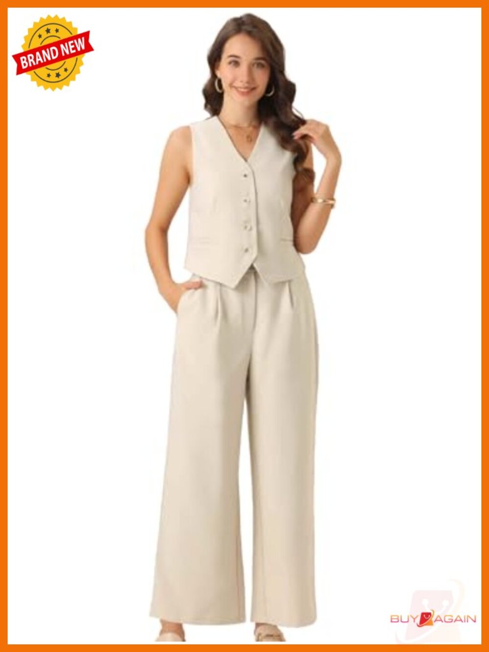 Sleeveless Button Front Vest and Wide Leg Pant Set 2 Piece Matching Outfit